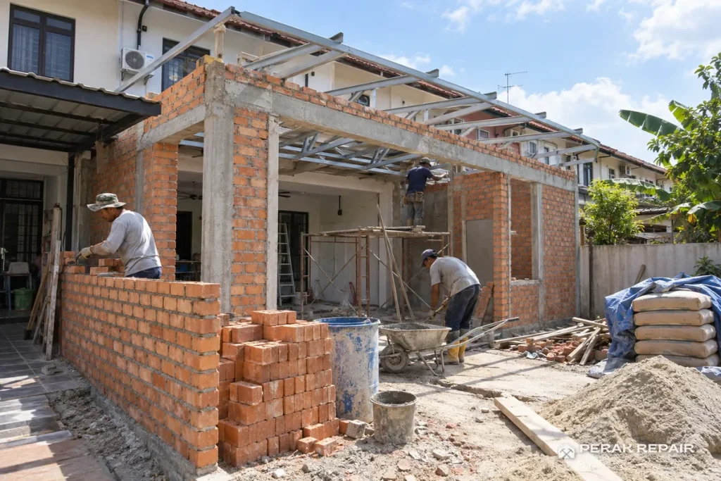 Kerja extend dapur belakang rumah teres sedang dibina
