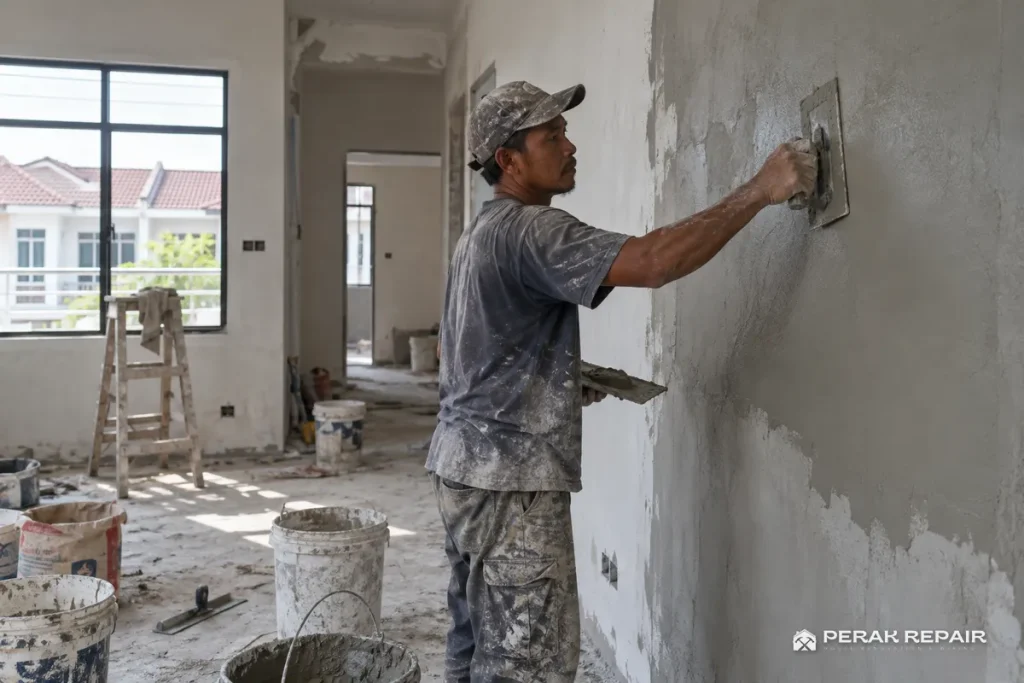 Tukang plaster dinding rumah teres Ipoh yang sedang direnovate