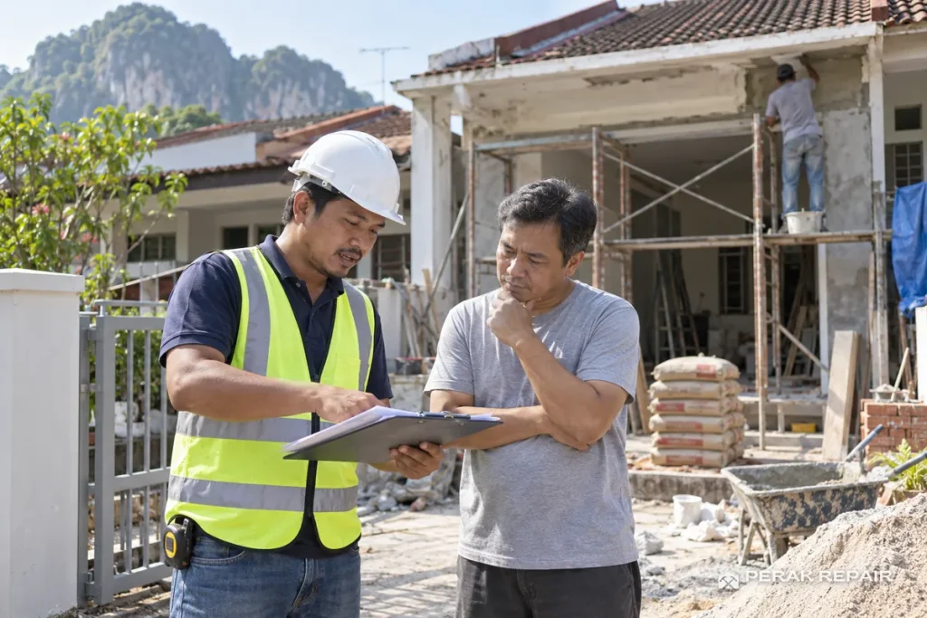 Kontraktor rumah Ipoh berbincang dengan pemilik rumah di tapak renovate rumah teres