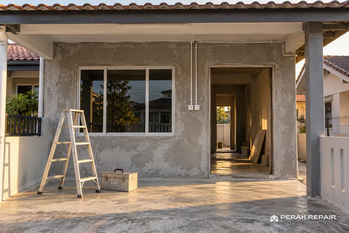 Rumah teres di Ipoh dalam kerja renovation dengan titik elektrik baru pada dinding