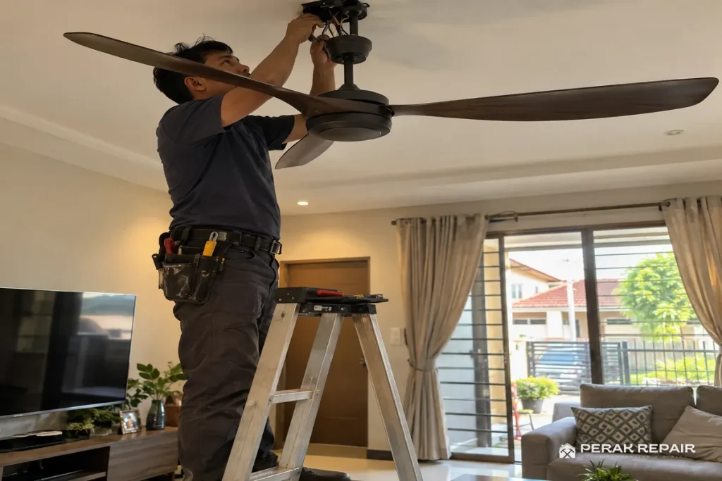 Wireman pasang kipas siling rumah teres